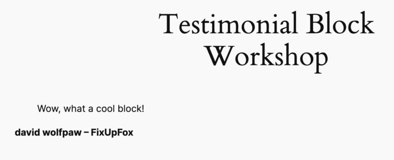 a screenshot of the testimonial block frontend, showing the text fields
